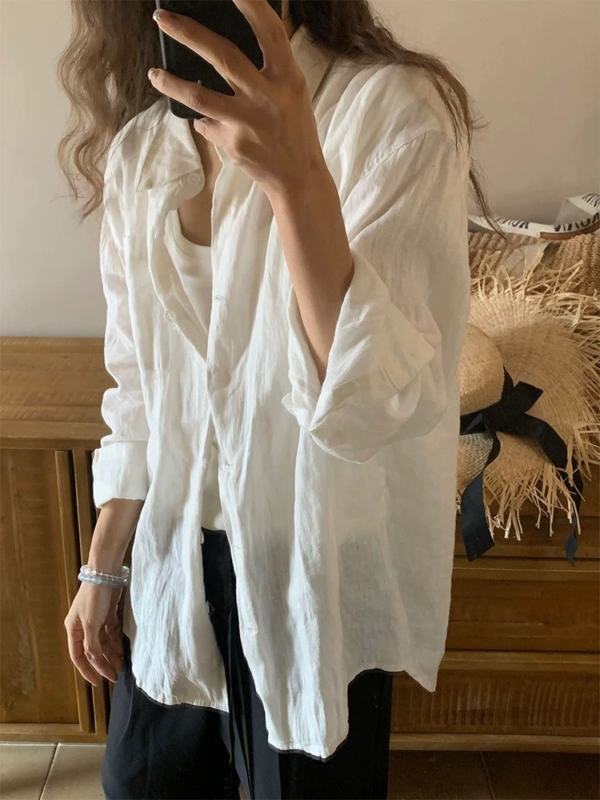 100%純亞麻慵懶寬鬆襯衫