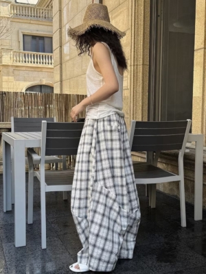 格紋復古紋燈籠輪廓肌理感輕薄長褲