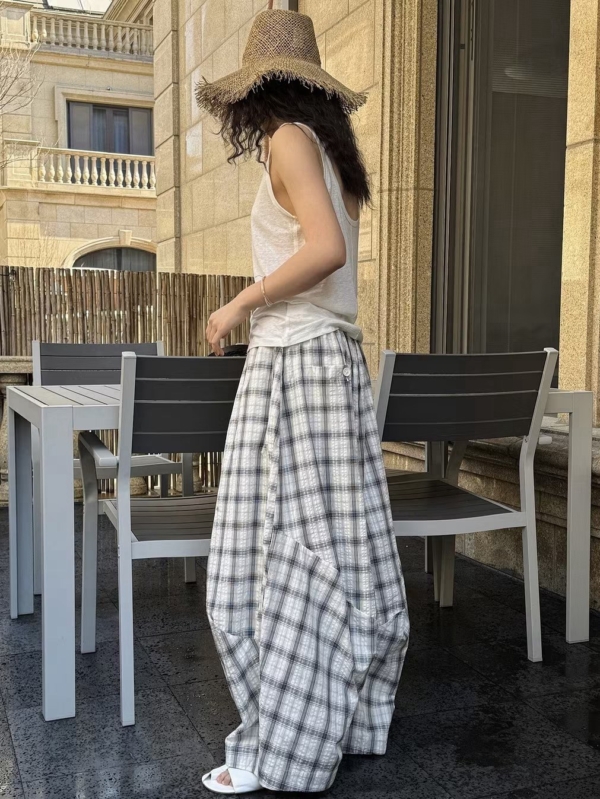 格紋復古紋燈籠輪廓肌理感輕薄長褲