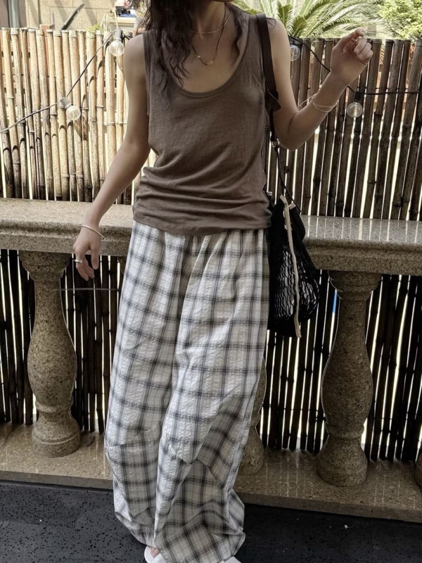 格紋復古紋燈籠輪廓肌理感輕薄長褲