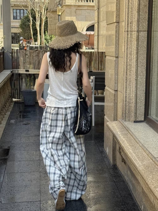 格紋復古紋燈籠輪廓肌理感輕薄長褲