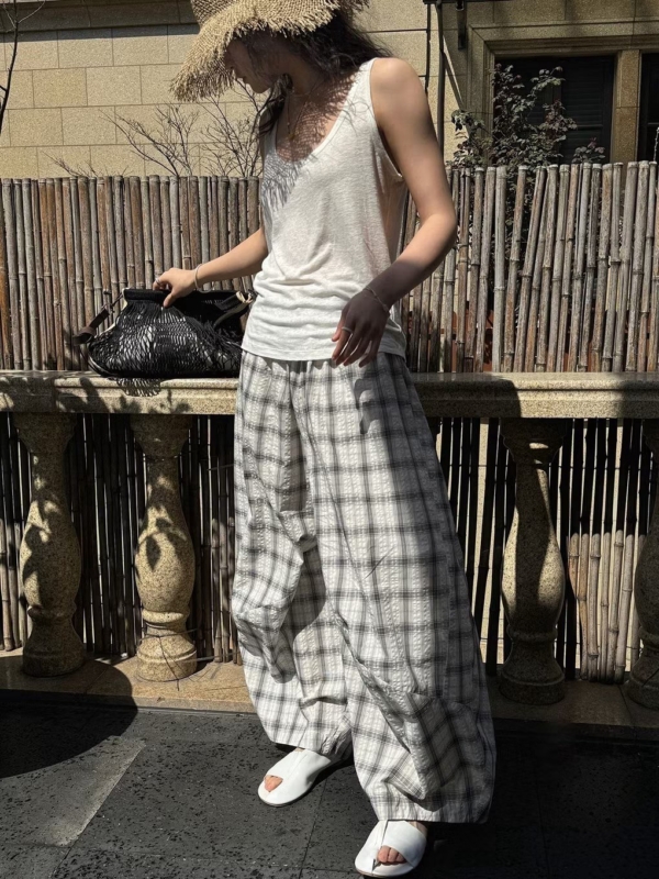 格紋復古紋燈籠輪廓肌理感輕薄長褲