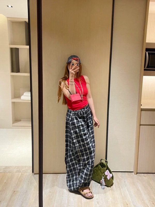 格紋復古紋燈籠輪廓肌理感輕薄長褲