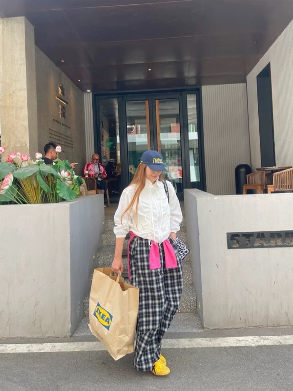 格紋復古紋燈籠輪廓肌理感輕薄長褲