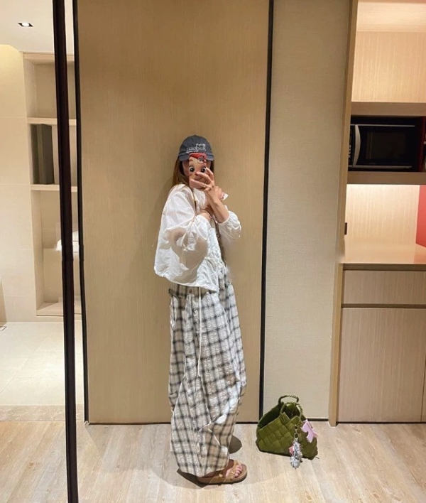 格紋復古紋燈籠輪廓肌理感輕薄長褲