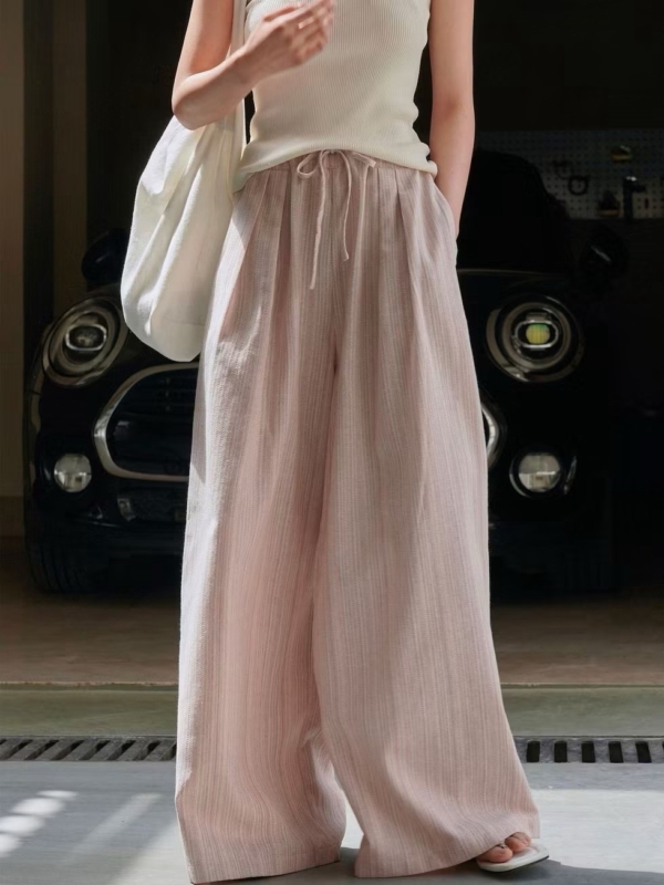 條紋亞麻寬褲寬鬆舒適長褲