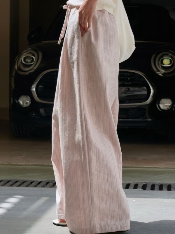 條紋亞麻寬褲寬鬆舒適長褲