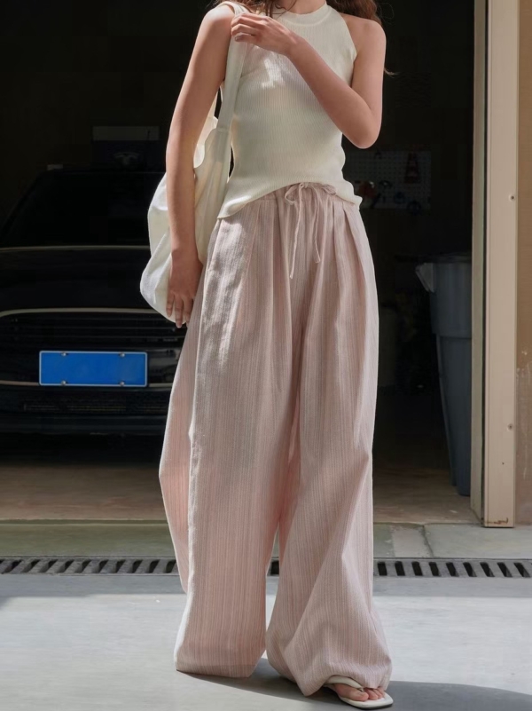 條紋亞麻寬褲寬鬆舒適長褲