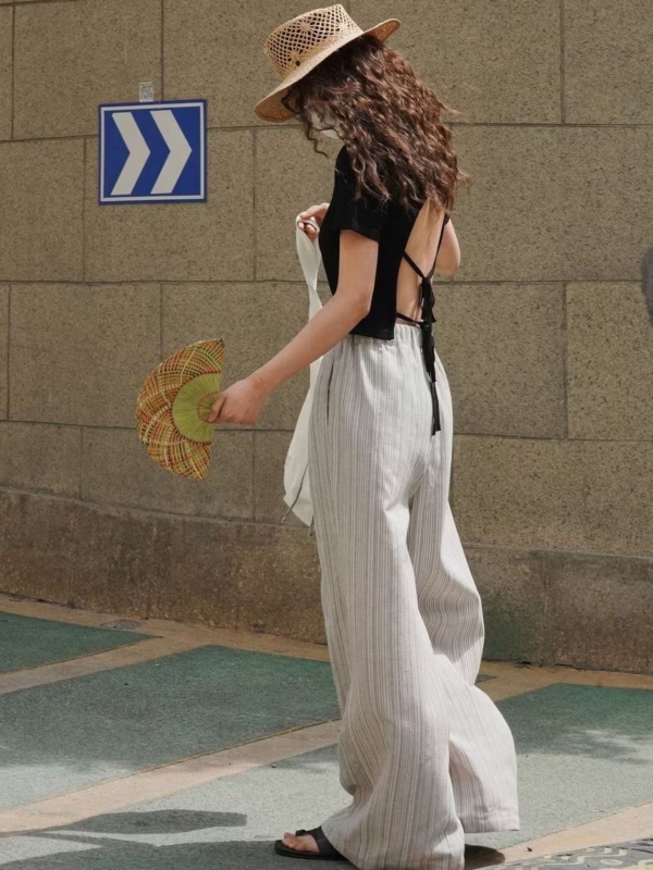 條紋亞麻寬褲寬鬆舒適長褲