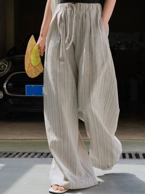 條紋亞麻寬褲寬鬆舒適長褲