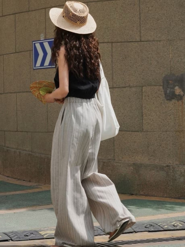 條紋亞麻寬褲寬鬆舒適長褲