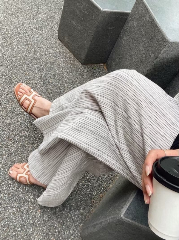 條紋亞麻寬褲寬鬆舒適長褲