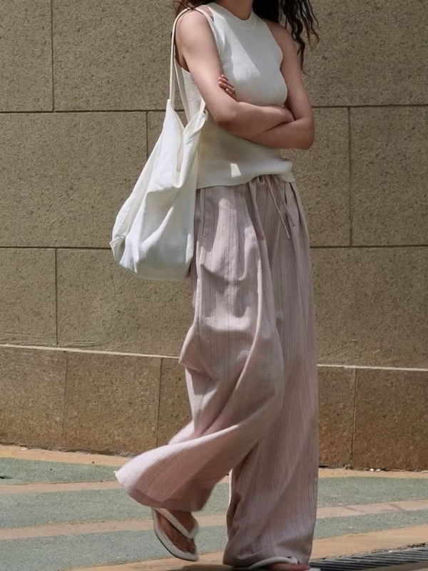 條紋亞麻寬褲寬鬆舒適長褲