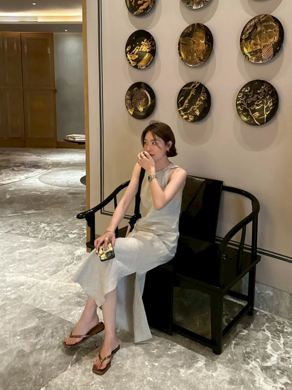 亞麻A字洋裝無袖長裙