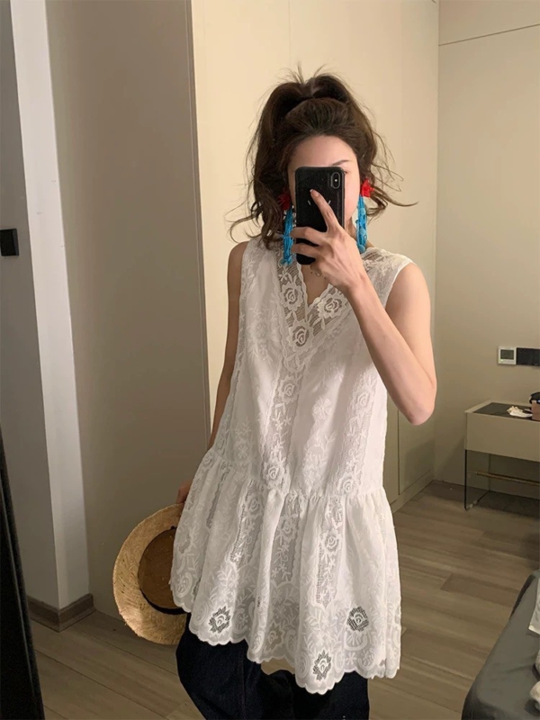 法式蕾絲拼接刺繡疊穿背心裙