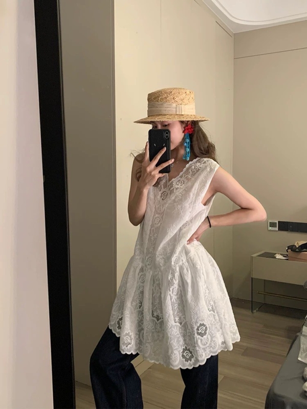 法式蕾絲拼接刺繡疊穿背心裙