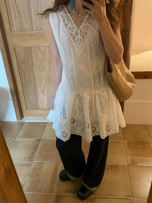 法式蕾絲拼接刺繡疊穿背心裙