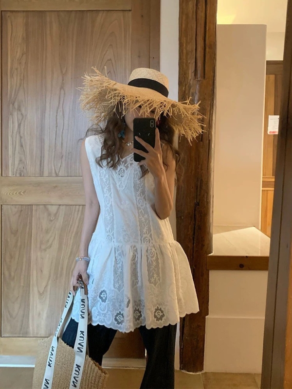 法式蕾絲拼接刺繡疊穿背心裙