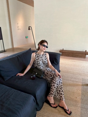 洋裝苧麻棉豹紋長裙