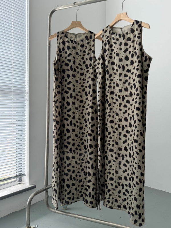 洋裝苧麻棉豹紋長裙