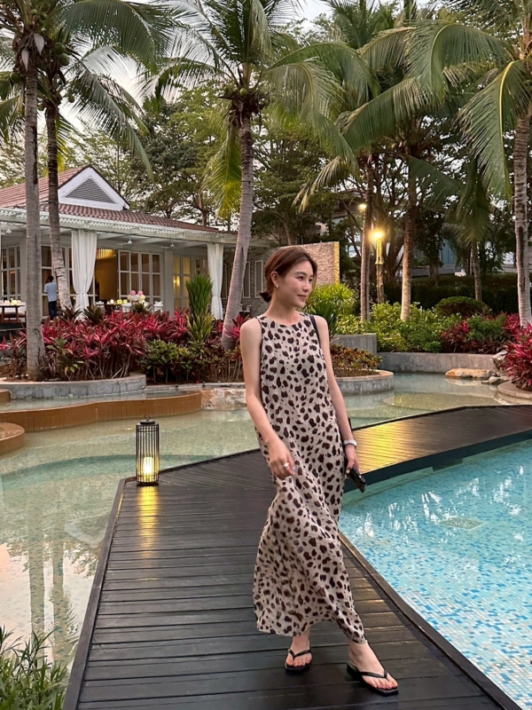 洋裝苧麻棉豹紋長裙