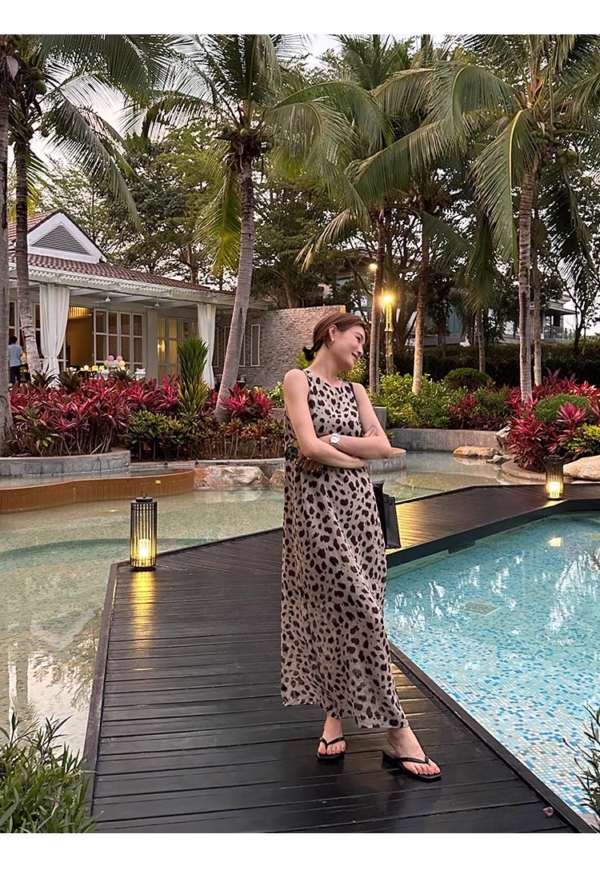 洋裝苧麻棉豹紋長裙