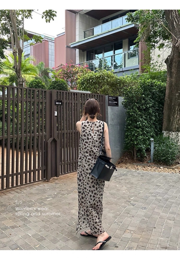 洋裝苧麻棉豹紋長裙