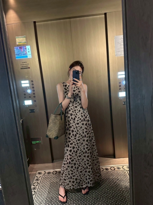 洋裝苧麻棉豹紋長裙