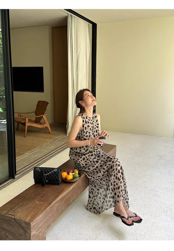 洋裝苧麻棉豹紋長裙