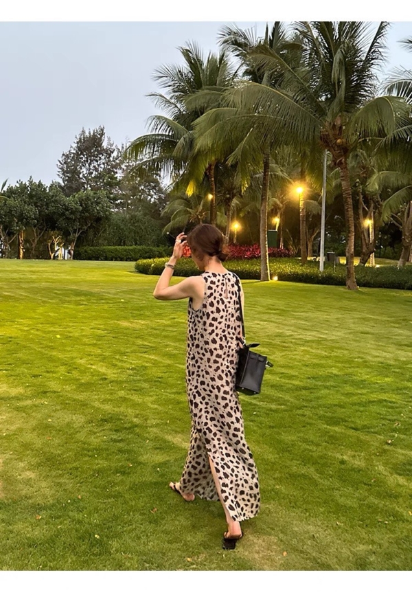 洋裝苧麻棉豹紋長裙