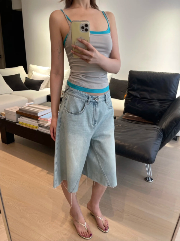 薄款寬鬆顯瘦裙褲水洗淺藍A型牛仔7分褲