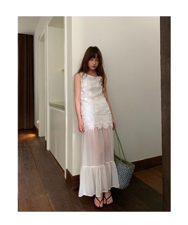 甜美清新軟妹鏤空鉤花無袖蕾絲衫