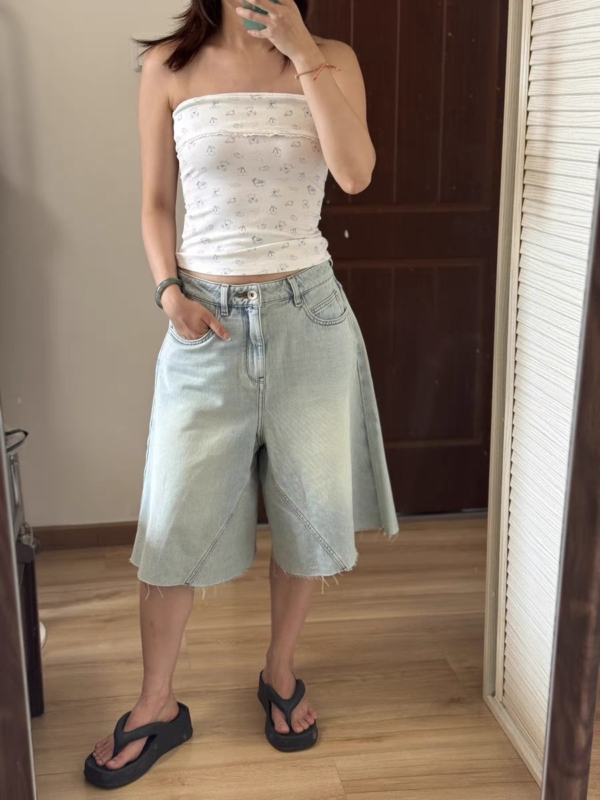 薄款寬鬆顯瘦裙褲水洗淺藍A型牛仔7分褲