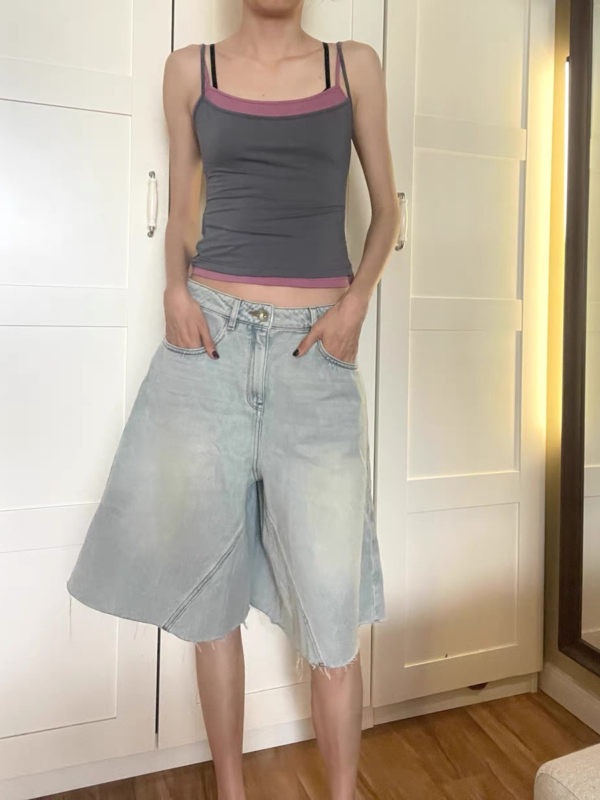 薄款寬鬆顯瘦裙褲水洗淺藍A型牛仔7分褲