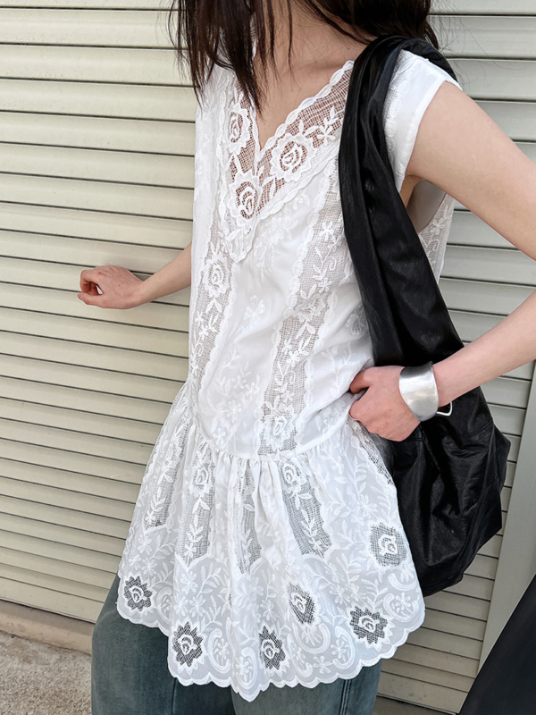 法式蕾絲拼接刺繡疊穿背心裙
