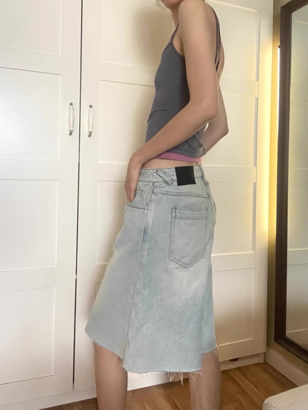 薄款寬鬆顯瘦裙褲水洗淺藍A型牛仔7分褲