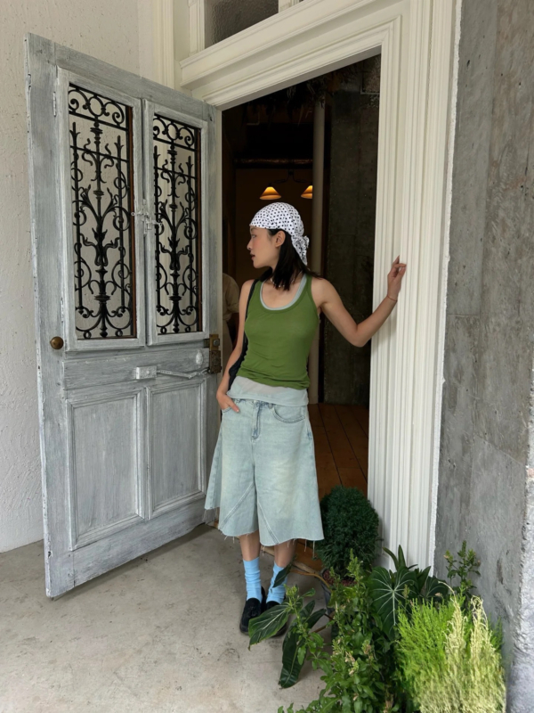 薄款寬鬆顯瘦裙褲水洗淺藍A型牛仔7分褲