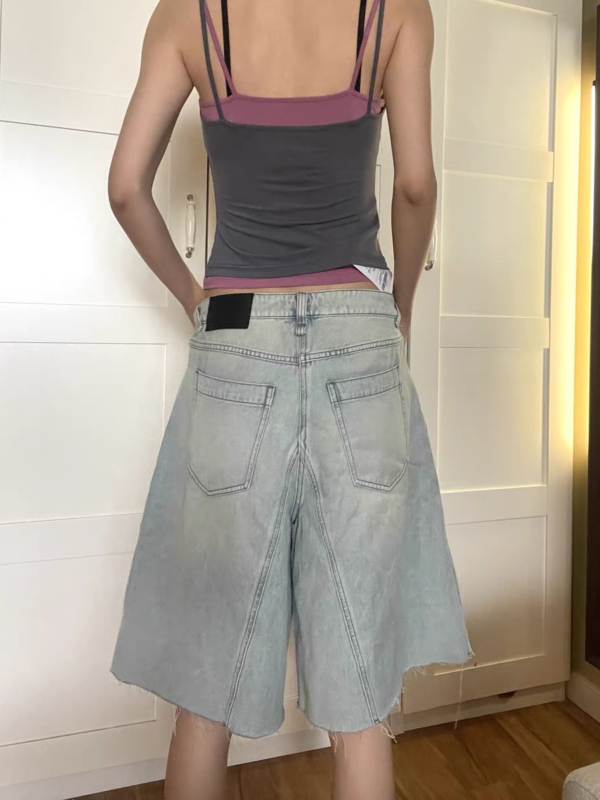 薄款寬鬆顯瘦裙褲水洗淺藍A型牛仔7分褲