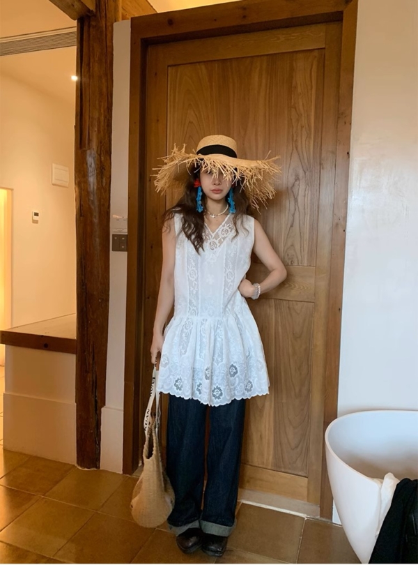 法式蕾絲拼接刺繡疊穿背心裙