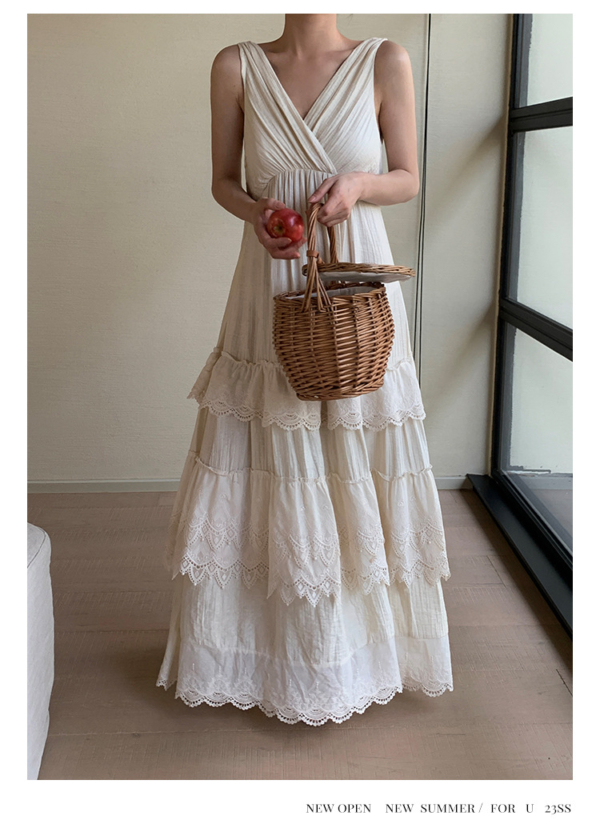 法式蛋糕裙女氣質無袖v領