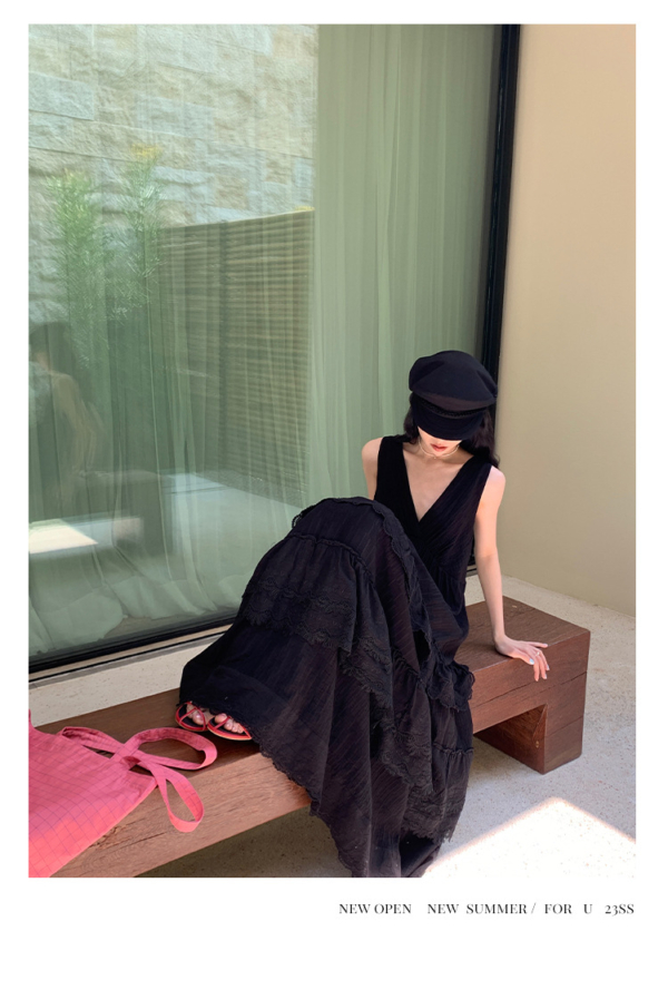 法式蛋糕裙女氣質無袖v領