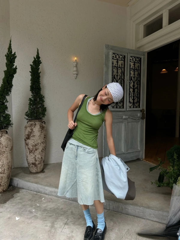 薄款寬鬆顯瘦裙褲水洗淺藍A型牛仔7分褲