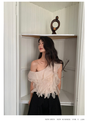 法式洋氣甜美荷葉邊雪紡小衫