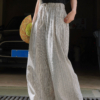 條紋亞麻寬褲寬鬆舒適長褲