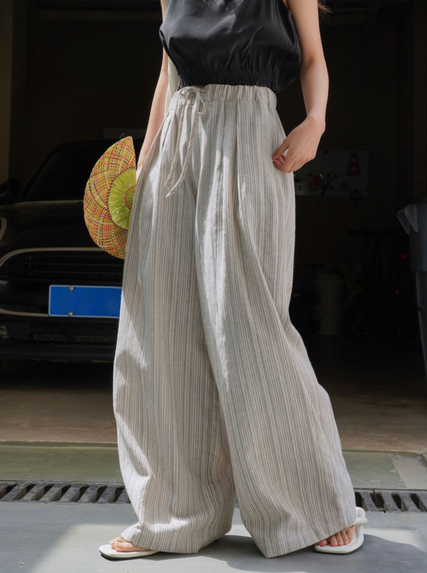 條紋亞麻寬褲寬鬆舒適長褲
