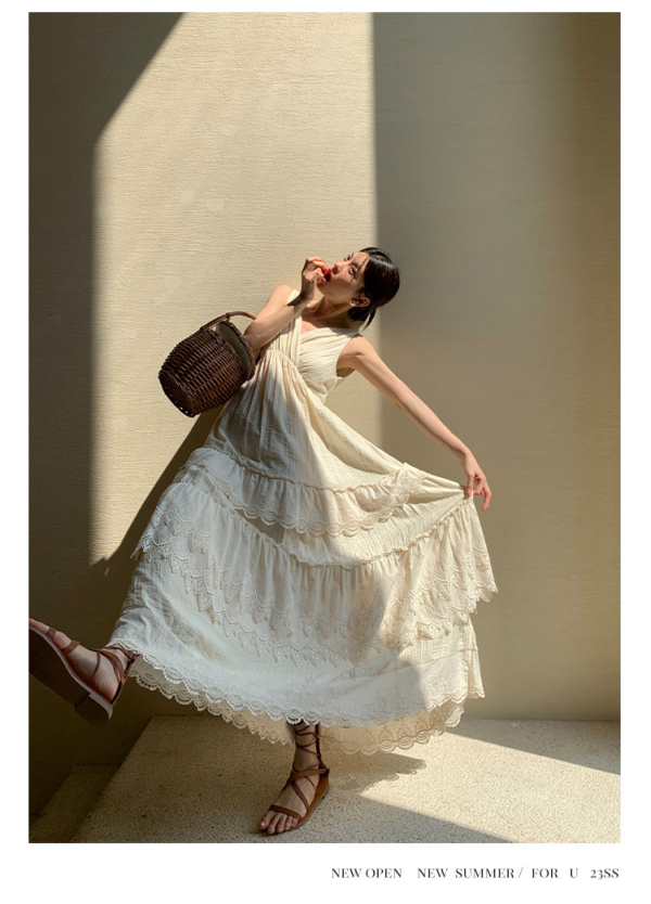 法式蛋糕裙女氣質無袖v領