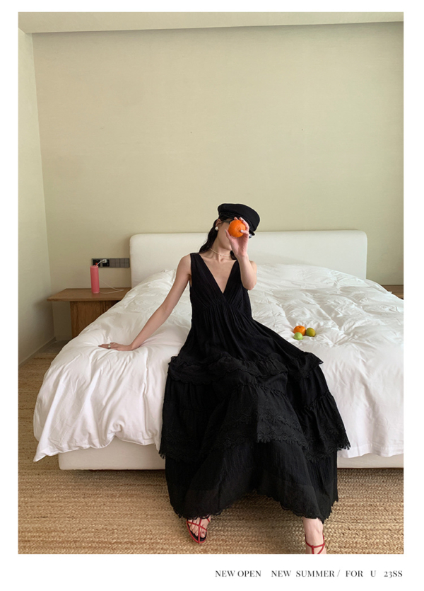 法式蛋糕裙女氣質無袖v領