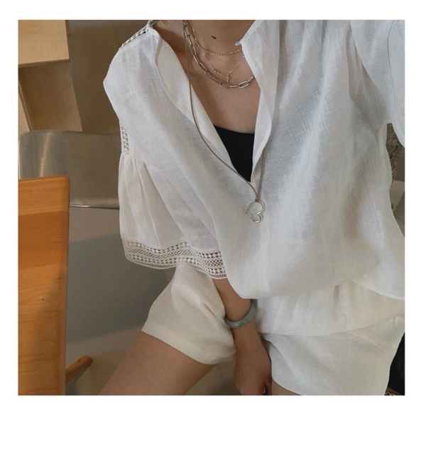 亞麻鏤空蕾絲V領A型五分袖上衣