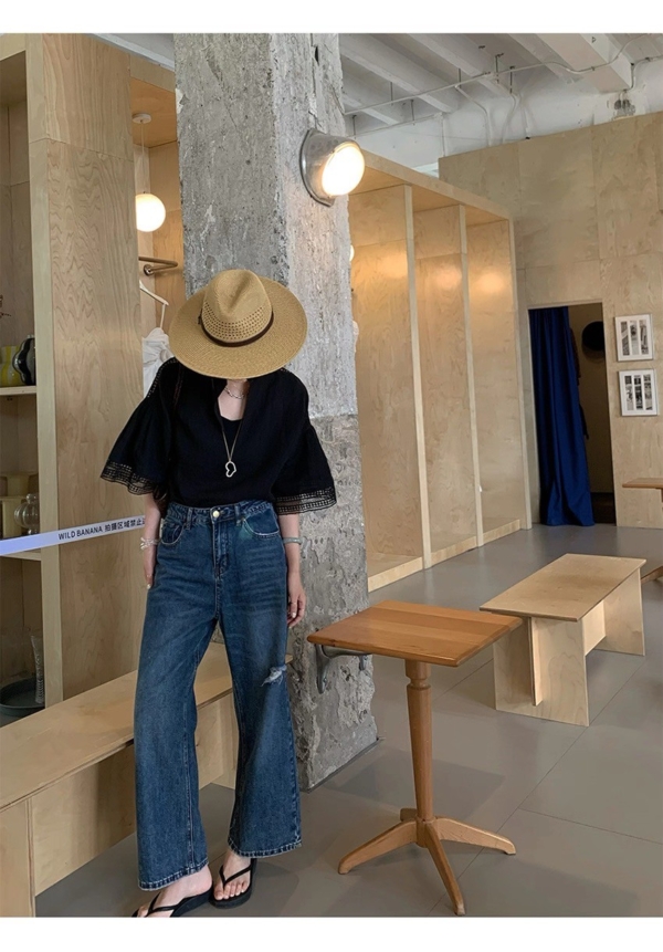 亞麻鏤空蕾絲V領A型五分袖上衣