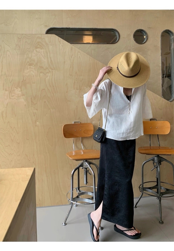 亞麻鏤空蕾絲V領A型五分袖上衣